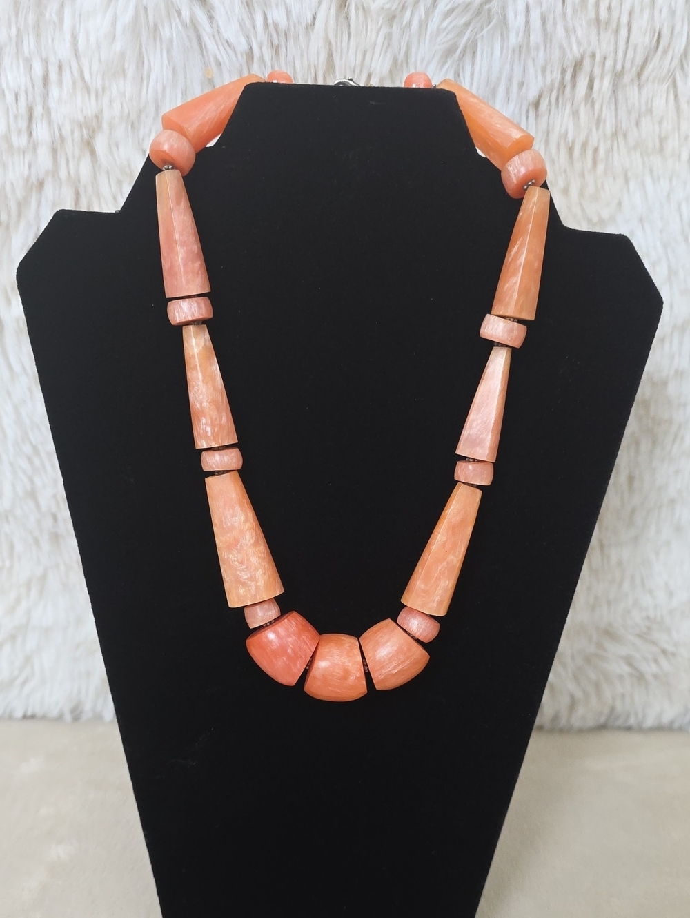 Vintage Coral Salmon Wooden Bead Statement Necklace Boho Artisan